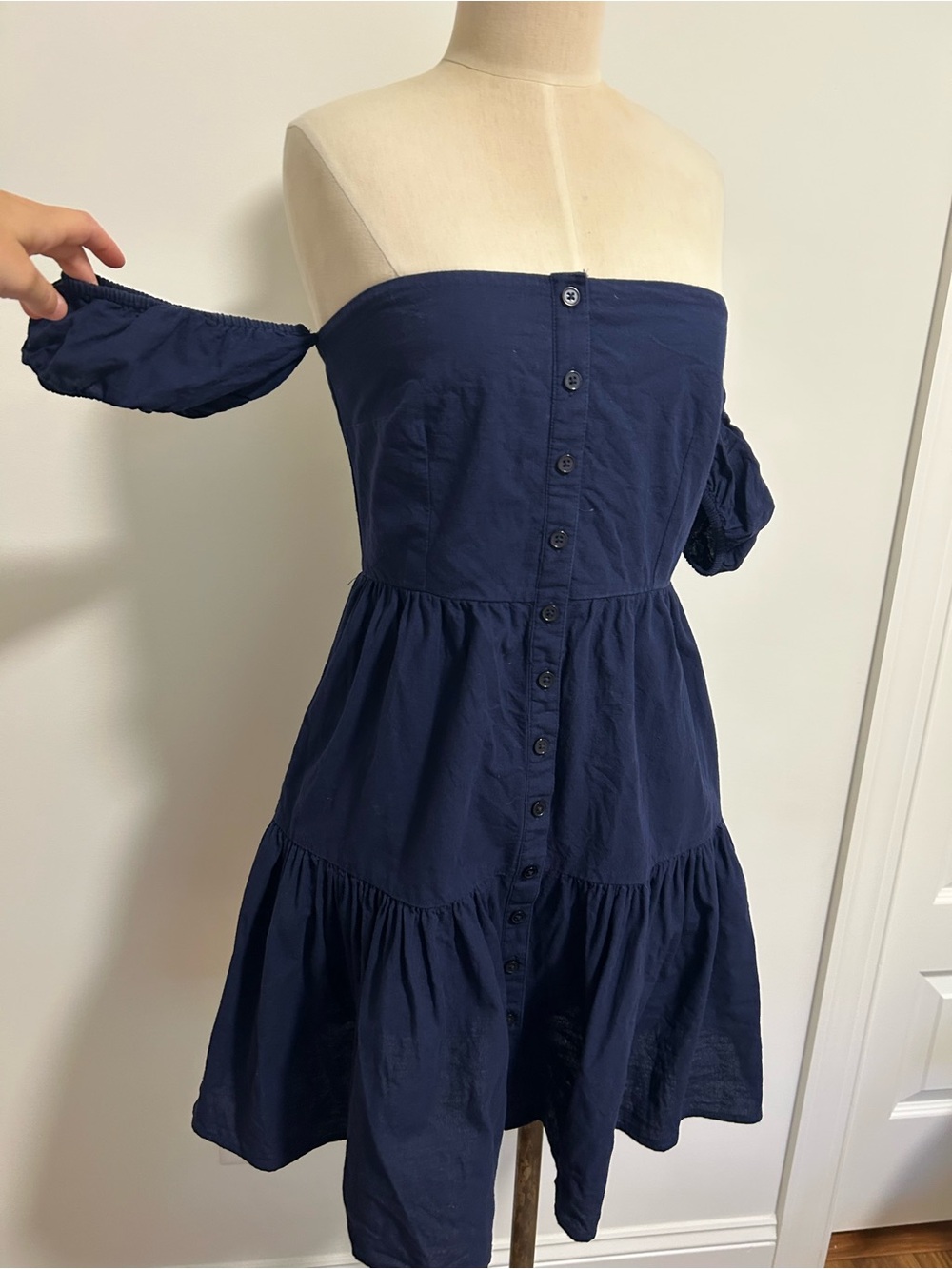 1. State Navy Off-Shoulder Button-Front Tiered Dress